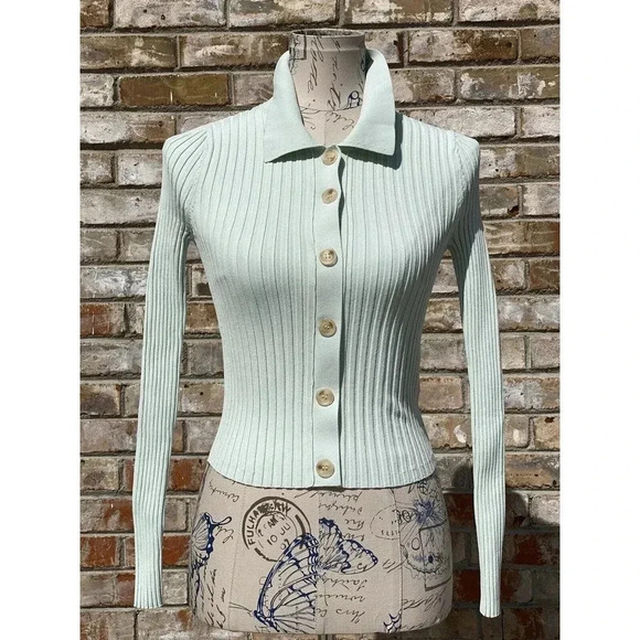 JONATHAN SIMKHAI Shirt Womens Small Elsi Rib‎ Polo Cardigan Pistachio Green Top - Picture 1 of 16